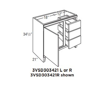 [3VSD303421L.MOG] Omni Sink Single Door 3 Drawer Base 30"" Wide (Left) - Graphite